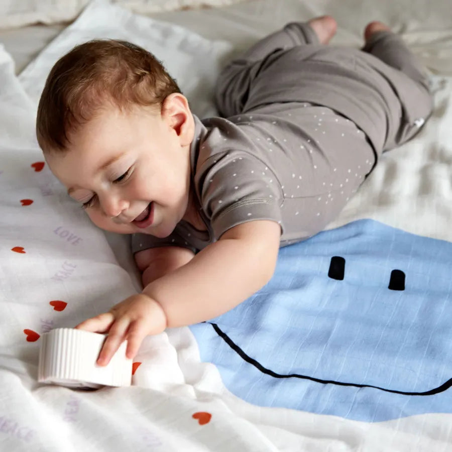 Museline din bumbac și fibre de bambus, set de 2 bucăți, Heavenly Soft, 120 x 120 cm, happy rascals smile sky blue