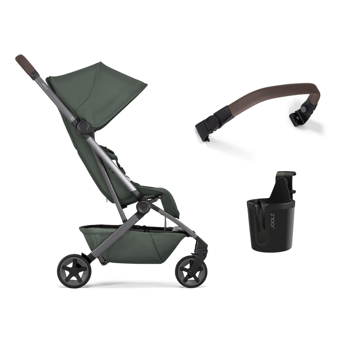 Pachet promoțional - Cărucior Aer2 cu bară pliabilă și suport de pahar incluse, Forest green