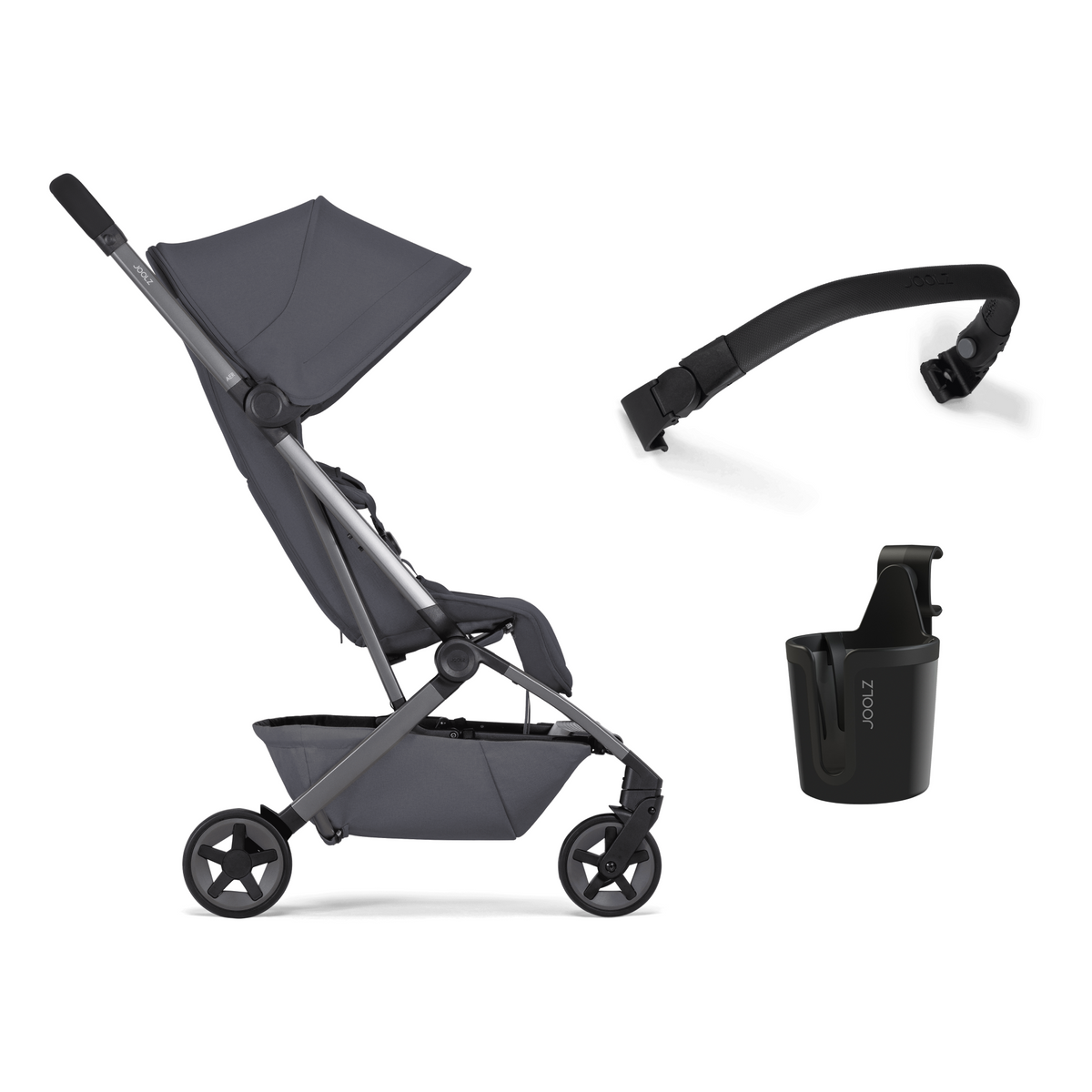 Pachet promoțional - Cărucior Aer2 cu bară pliabilă și suport de pahar incluse, Stone grey