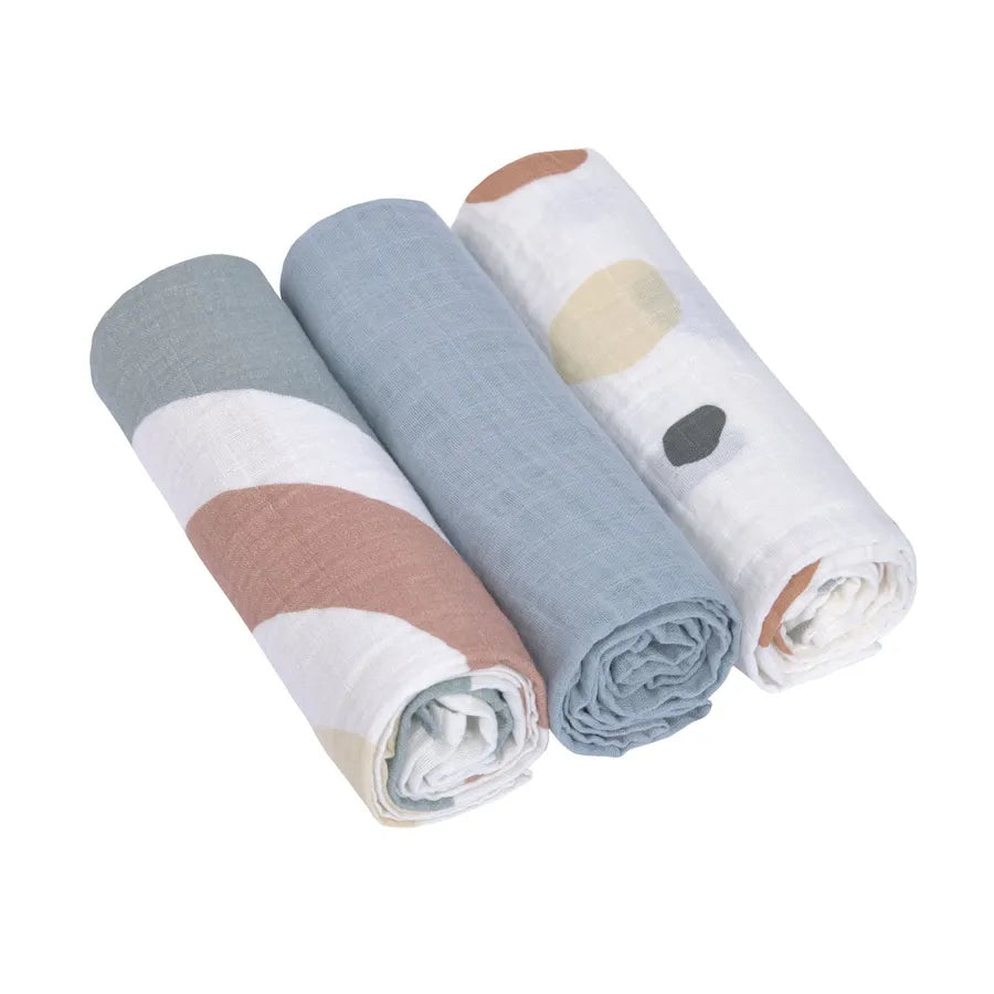 Museline din bumbac organic, tip tifon, set de 3 bucăți, 85 x 85 cm, rainbow powder blue