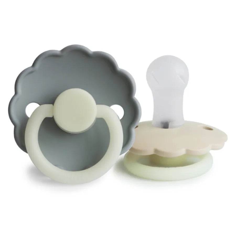 Suzete din silicon, fosforescente, Daisy Night, set de 2 bucăți, cream night/french gray night