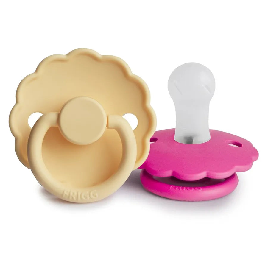 Suzete din silicon Daisy, set de 2 bucăți, pale daffodil/fuchsia