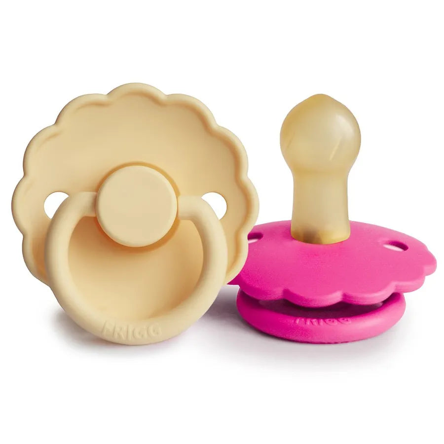 Suzete din cauciuc natural Daisy, set de 2 bucăți, pale daffodil/fuchsia