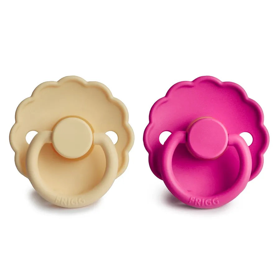 Suzete din cauciuc natural Daisy, set de 2 bucăți, pale daffodil/fuchsia
